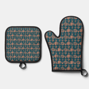 Bold Caribbean Tribal Mudcloth: Teal, Coral Throw Oven Mitt & Pot Holder Set