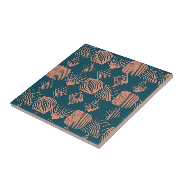 Bold Caribbean Tribal Mudcloth: Teal, Coral Throw Tile (Side)