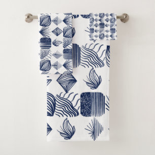 Bold Caribbean Tribal Mudcloth: White, Navy Blue Bath Towel Set