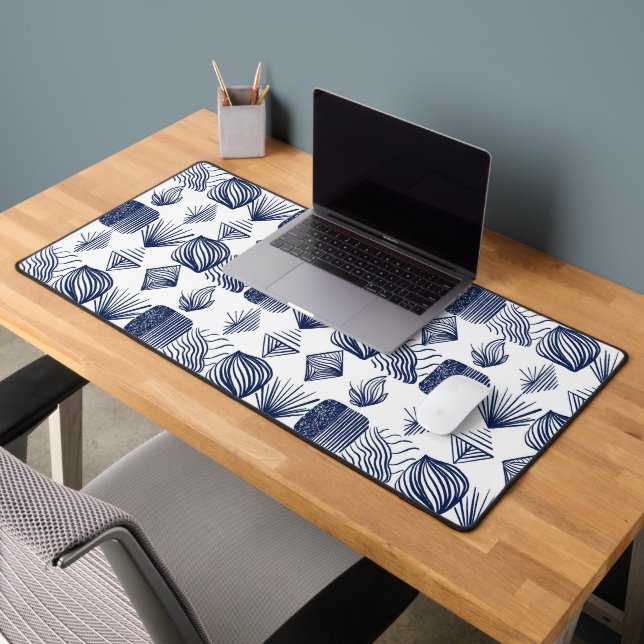 Bold Caribbean Tribal Mudcloth: White, Navy Blue Desk Mat (Office 2)