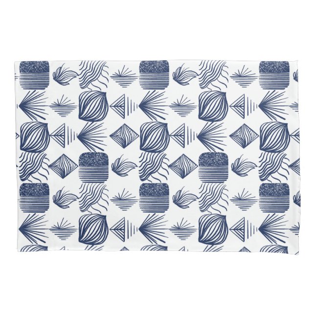Bold Caribbean Tribal Mudcloth: White, Navy Blue Pillowcase (Front)