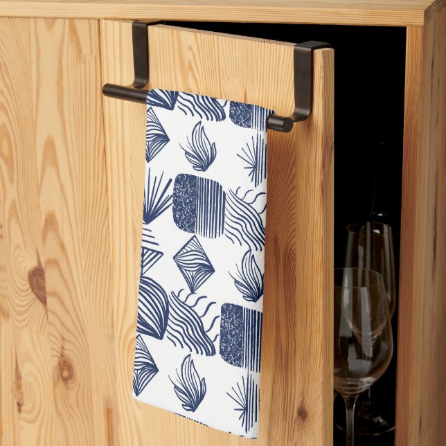 Bold Caribbean Tribal Mudcloth: White, Navy Blue Tea Towel (Thirds Fold)