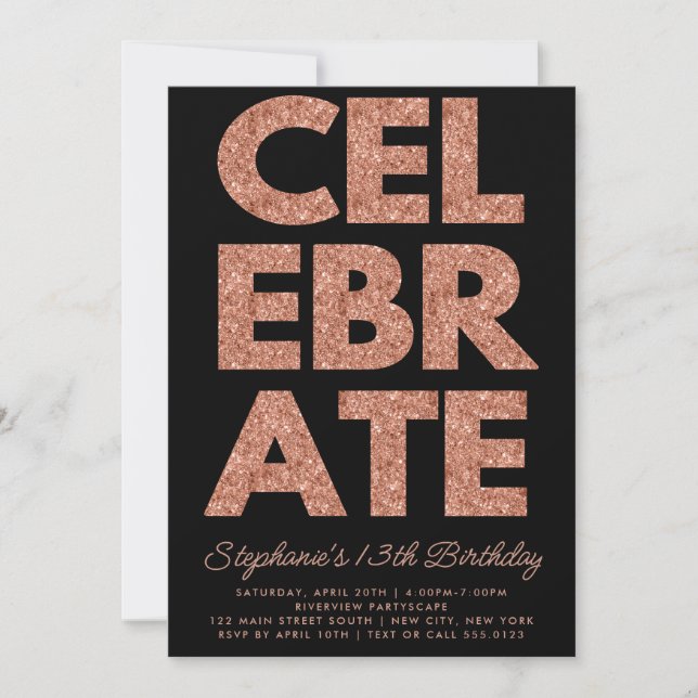 Bold CELEBRATE Black, Rose Gold Glitter Birthday Invitation (Front)