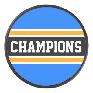 Bold CHAMPIONS Bright Blue Yellow Black Stripes Hockey Puck
