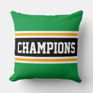 Bold CHAMPIONS Bright Green Black Athletic Stripes Cushion