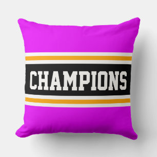 Bold CHAMPIONS Bright Pink Black Athletic Stripes Cushion