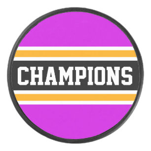 Bold CHAMPIONS Fun Athletic Pink Black Stripes Hockey Puck