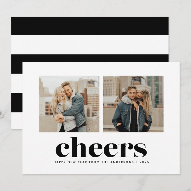 Bold Cheers Two Photo New Year's Card (Front/Back)