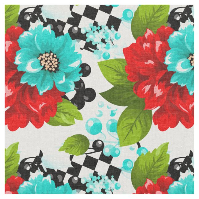 Bold Chequerboard Florals Fabric (Close Up)
