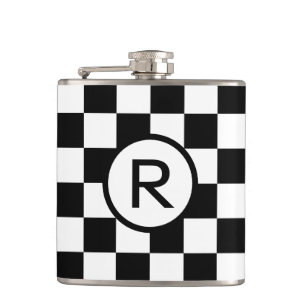 Bold Chequered Black and White with Monogram Hip Flask