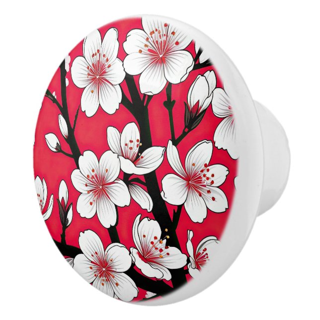 Bold Cherry Blossom Illustration on Red Ceramic Knob (Right)