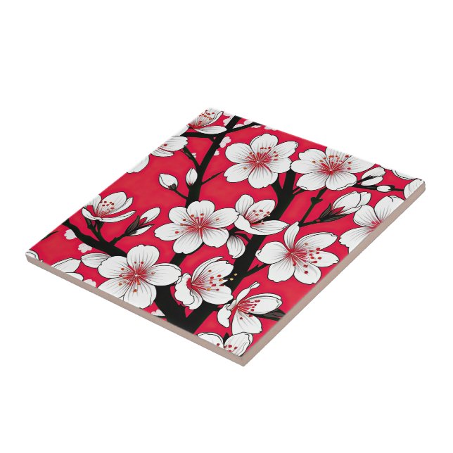 Bold Cherry Blossom Illustration on Red Tile (Side)