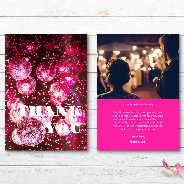 Bold Chic Hot Pink Glitter Retro Disco Ball Photo Thank You Card (Front and Back)