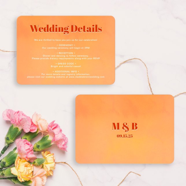 Bold Chic Orange Sunset Monogram Wedding Details Enclosure Card (Creator Uploaded)