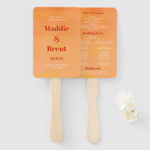 Bold Chic Orange Watercolor Sunset Wedding Program Hand Fan