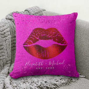 Bold Chic Red Foil Lips Pink Glitter Custom Names Cushion
