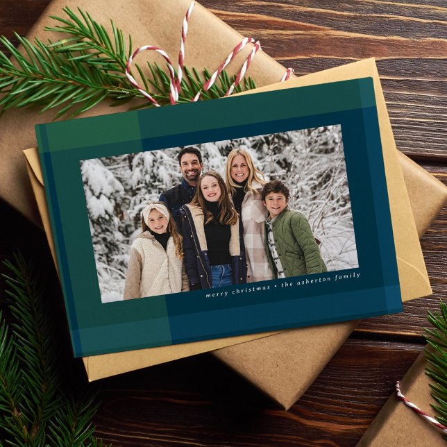 Bold Christmas plaid simple navy green photo Holiday Card (Creator Uploaded)