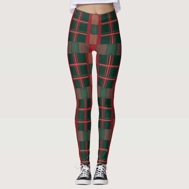 Bold Christmas Red Green Plaid Leggings (Front)