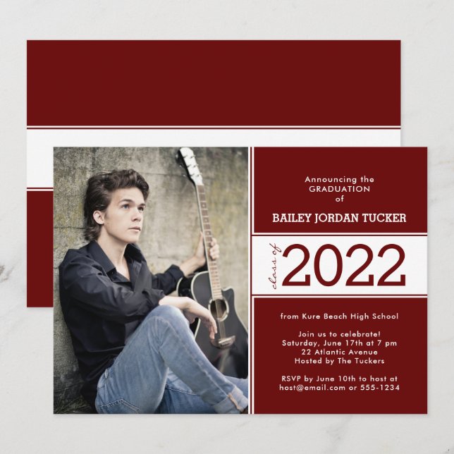 Bold Class Year Dark Red Burgundy Photo Graduation Announcement (Front/Back)
