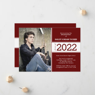 Bold Class Year Red Burgundy 2-Photo Graduation Announcement