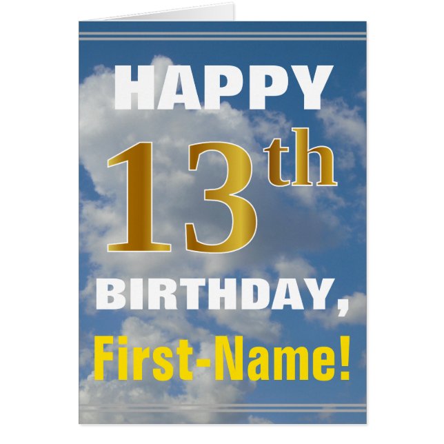 Bold, Cloudy Sky, Faux Gold 13th Birthday + Name (Front)