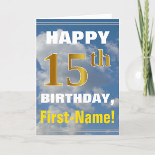 Bold, Cloudy Sky, Faux Gold 15th Birthday + Name Card