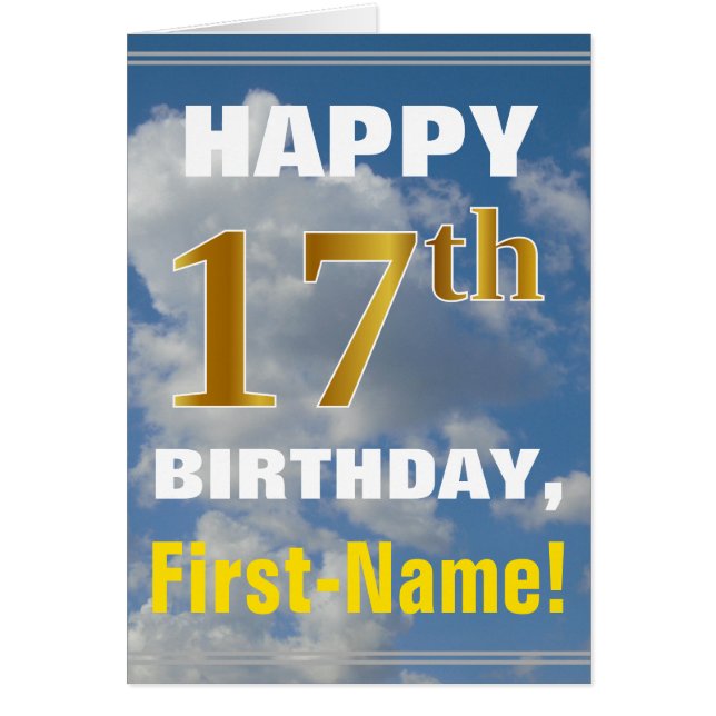 Bold, Cloudy Sky, Faux Gold 17th Birthday + Name (Front)