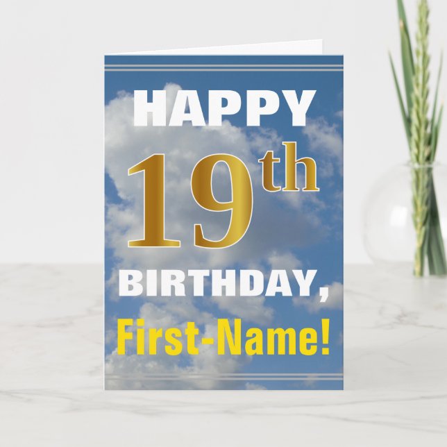 Bold, Cloudy Sky, Faux Gold 19th Birthday + Name Card (Front)