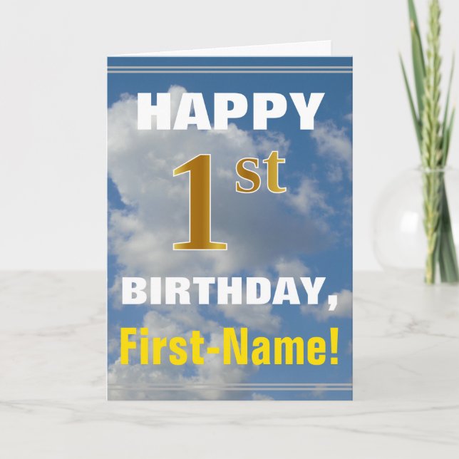 Bold, Cloudy Sky, Faux Gold 1st Birthday + Name Card (Front)