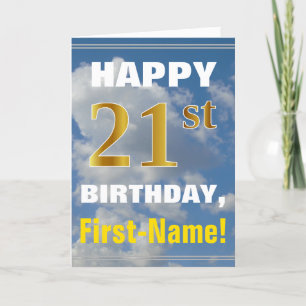 Bold, Cloudy Sky, Faux Gold 21st Birthday + Name Card