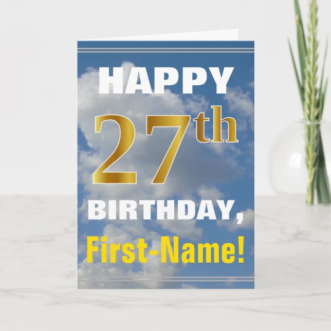 Bold, Cloudy Sky, Faux Gold 27th Birthday + Name Card (Front)