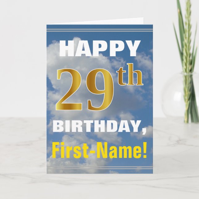 Bold, Cloudy Sky, Faux Gold 29th Birthday + Name Card (Front)