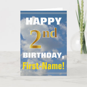 Bold, Cloudy Sky, Faux Gold 2nd Birthday + Name Card