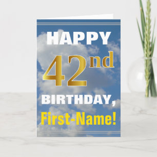 Bold, Cloudy Sky, Faux Gold 42nd Birthday + Name Card