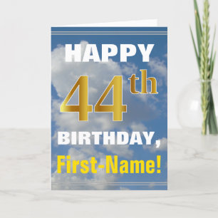 Bold, Cloudy Sky, Faux Gold 44th Birthday + Name Card