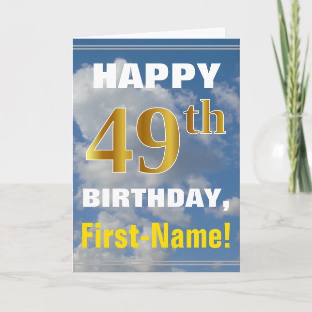 Bold, Cloudy Sky, Faux Gold 49th Birthday + Name Card (Front)