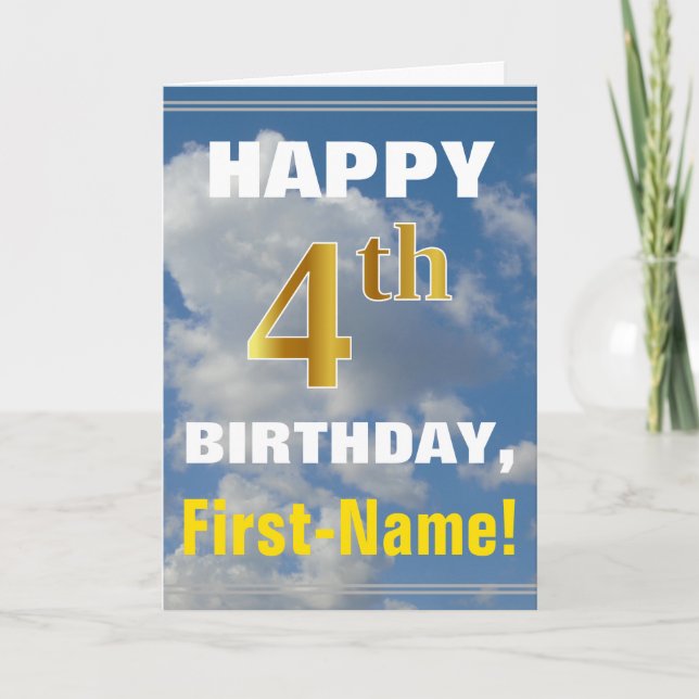 Bold, Cloudy Sky, Faux Gold 4th Birthday + Name Card (Front)
