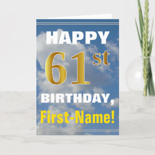 Bold, Cloudy Sky, Faux Gold 61st Birthday + Name Card