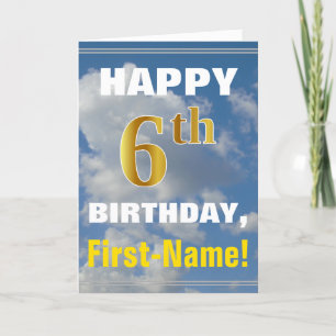 Bold, Cloudy Sky, Faux Gold 6th Birthday + Name Card