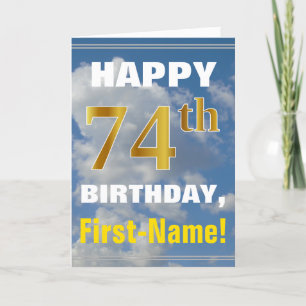 Bold, Cloudy Sky, Faux Gold 74th Birthday + Name Card