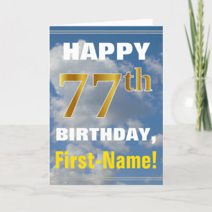 Bold, Cloudy Sky, Faux Gold 77th Birthday + Name Card
