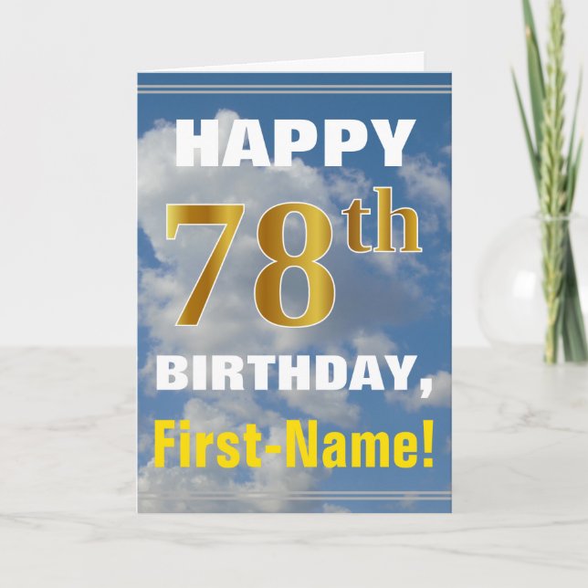 Bold, Cloudy Sky, Faux Gold 78th Birthday + Name Card (Front)