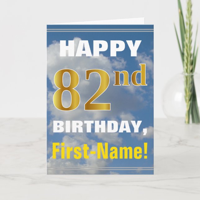 Bold, Cloudy Sky, Faux Gold 82nd Birthday + Name Card (Front)
