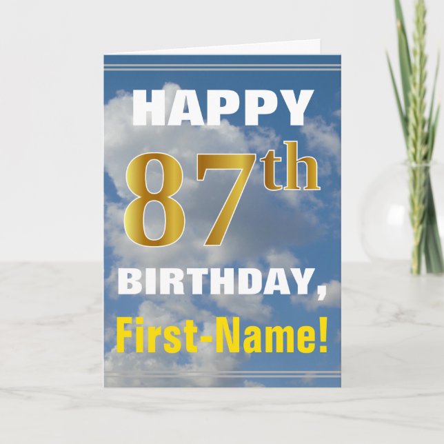 Bold, Cloudy Sky, Faux Gold 87th Birthday + Name Card (Front)
