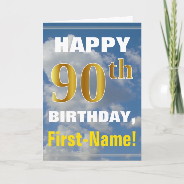 Bold, Cloudy Sky, Faux Gold 90th Birthday + Name Card (Front)