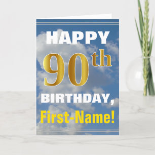 Bold, Cloudy Sky, Faux Gold 90th Birthday + Name Card