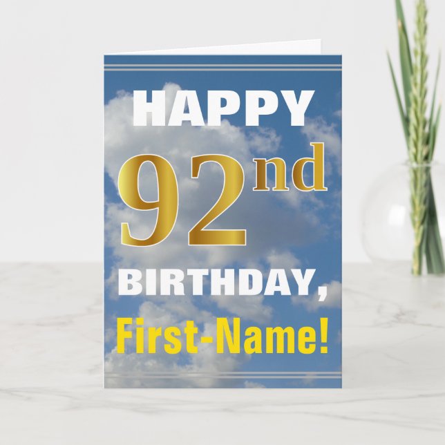 Bold, Cloudy Sky, Faux Gold 92nd Birthday + Name Card (Front)