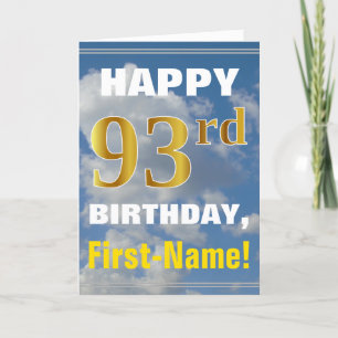 Bold, Cloudy Sky, Faux Gold 93rd Birthday + Name Card