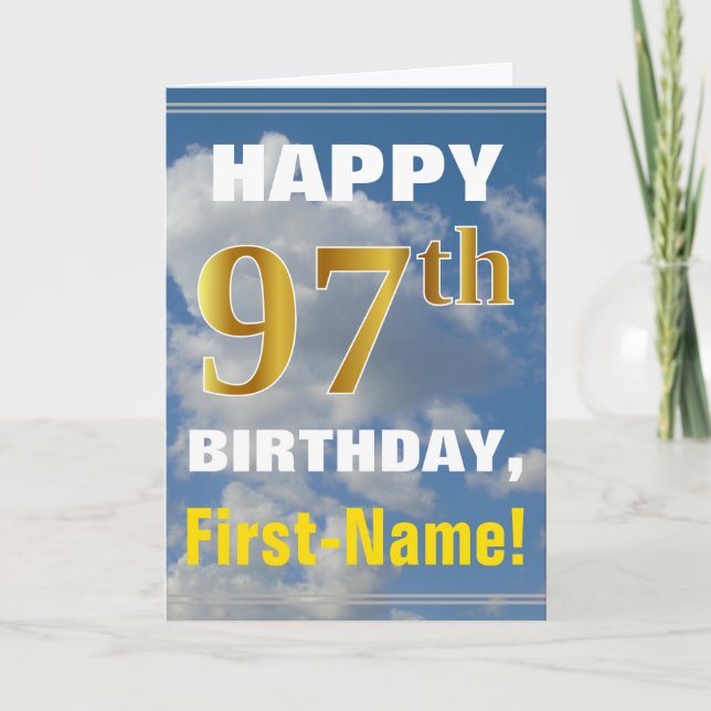 Bold, Cloudy Sky, Faux Gold 97th Birthday + Name Card (Front)