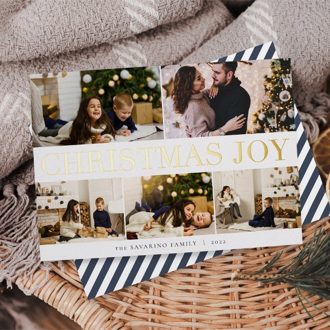 Bold Collage | Christmas Joy 5 Photo Foil Holiday Card (Creator Uploaded)